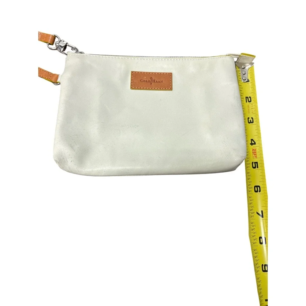 Cole Haan White Leather Wristlet Clutch Tan Strap Yellow Trim Turquoise Interior